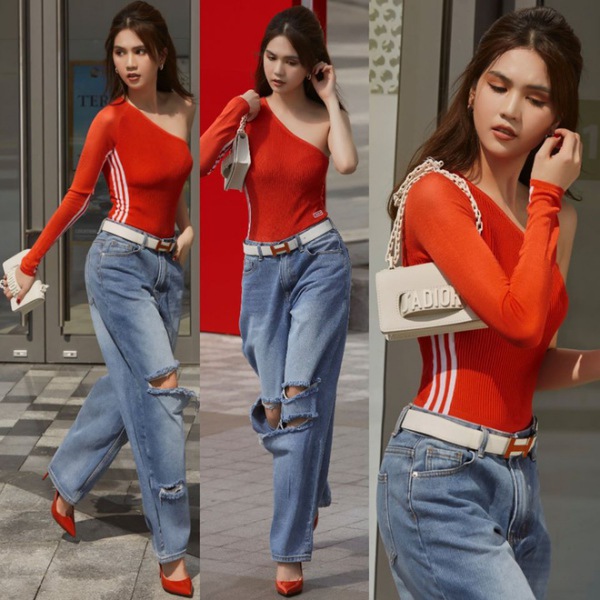 Cùng diện quần jeans đục lỗ, Mỹ Tâm sang bao nhiêu, Ngọc Trinh lại sến bấy nhiêu - Ảnh 6.