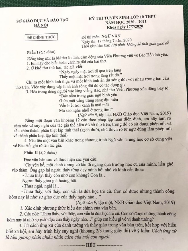 Đề thi vào lớp 10 môn Ngữ văn: Ổn định về cấu trúc và hình thức thể hiện - Ảnh 1.