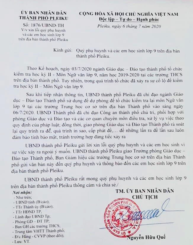 Vụ lộ đề thi môn văn ở Gia Lai: Chủ tịch UBND TP. Pleiku xin lỗi phụ huynh và học sinh - Ảnh 1.