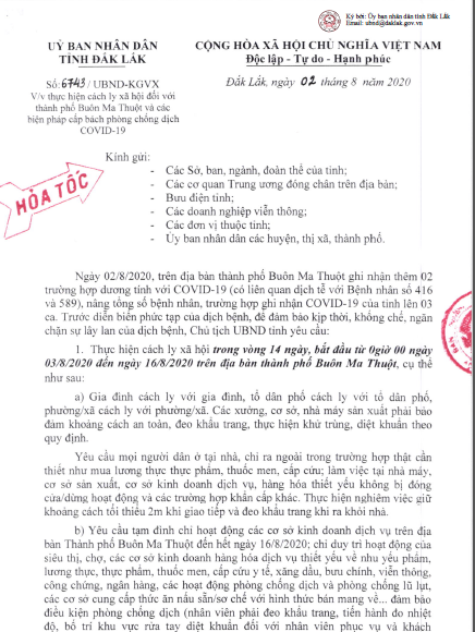 Thực hiện cách ly xã hội thành phố Buôn Ma Thuột từ nay đến 16/8 - Ảnh 1.