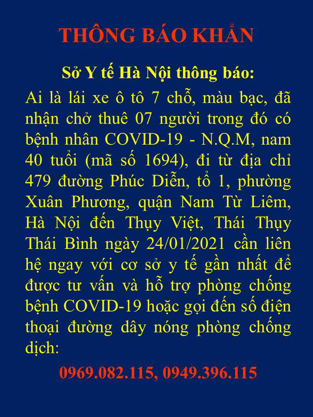 Hà Nội khẩn cấp tìm lái xe 7 chỗ chở gia đình bệnh nhân Covid-19 ở Nam Từ Liêm về Thái Bình - Ảnh 1.