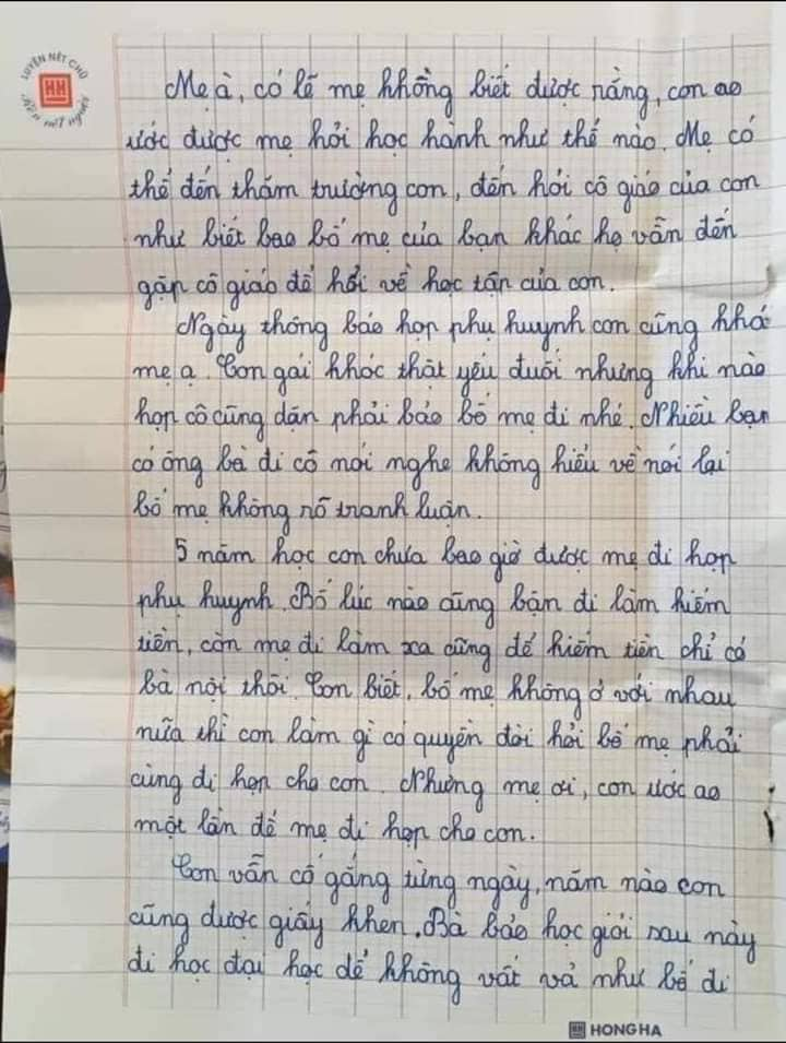Bức thư gửi mẹ của cô bé lớp 5 khiến người đọc rơi nước mắt