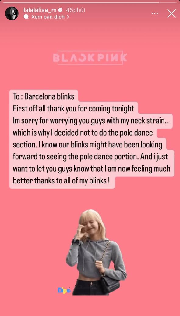 Lisa (BLACKPINK) xin lỗi fan vì không thực hiện vũ đạo múa cột do căng cơ cổ - Ảnh 1.