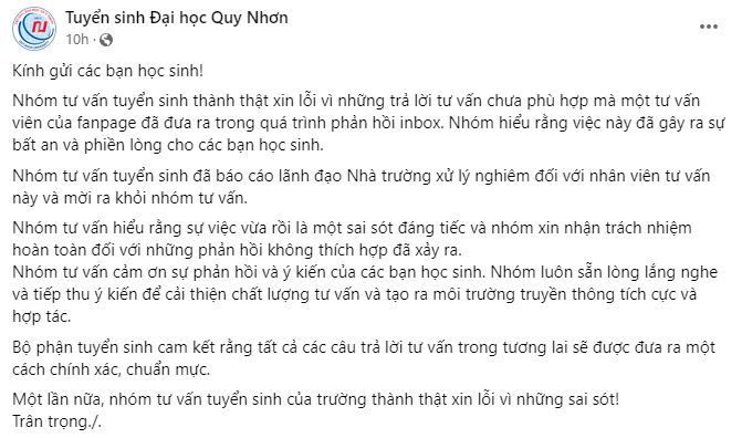 Tư vấn tuyển sinh công kích học sinh, Đại học Quy Nhơn công khai xin lỗi lúc nửa đêm - Ảnh 3.