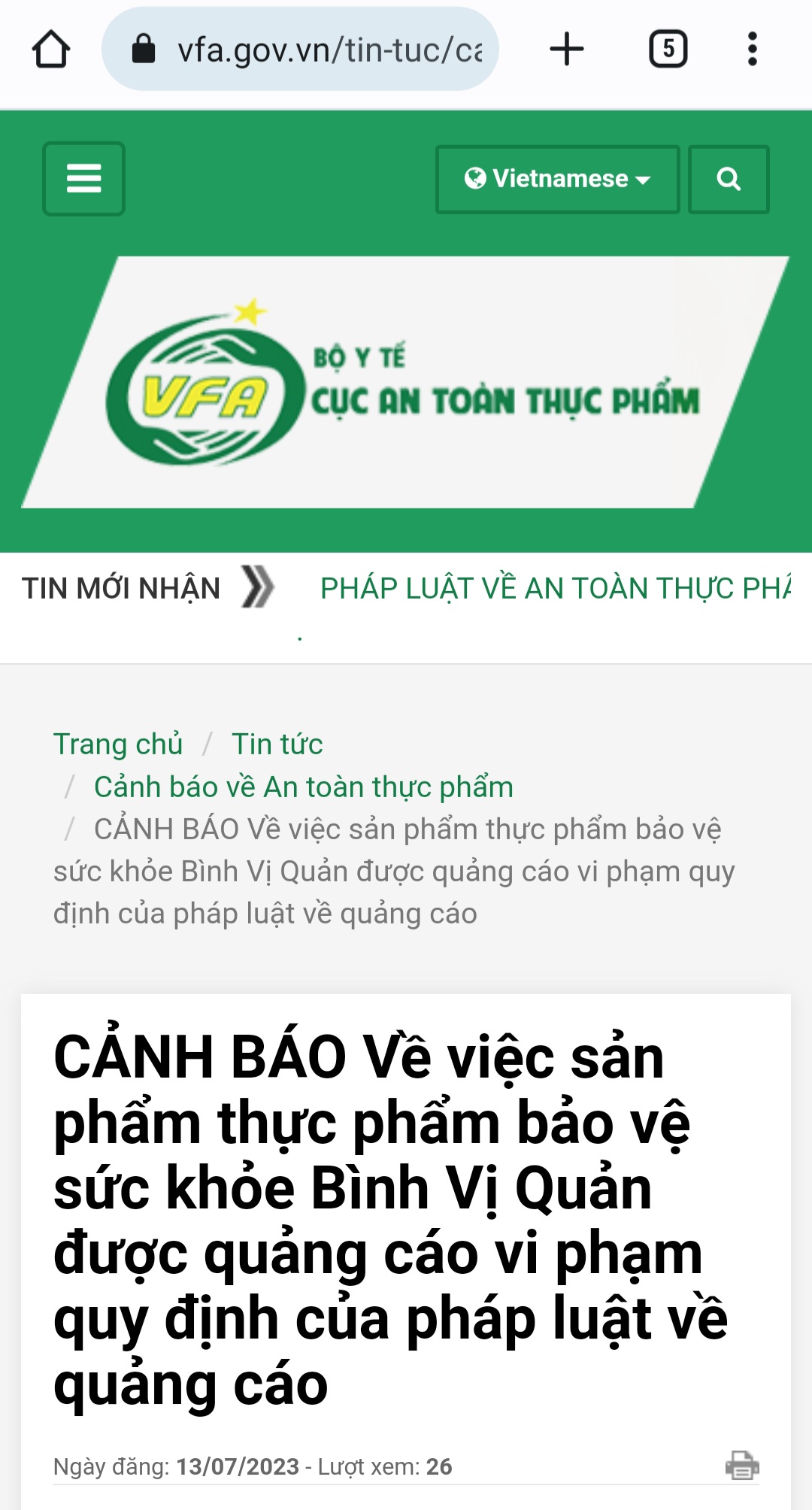 Cảnh báo thực phẩm bảo vệ sức khỏe Bình Vị Quản vi phạm quảng cáo - Ảnh 2.