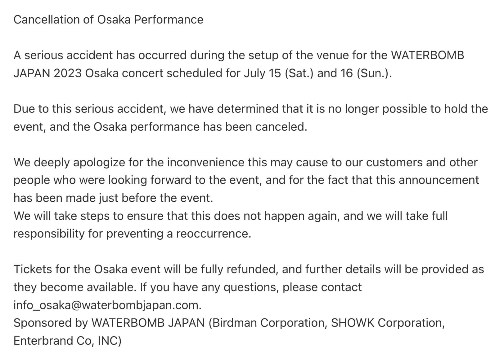 Waterbomb Nhật Bản hủy 2 đêm diễn vì tai nạn nghiêm trọng khiến nhân