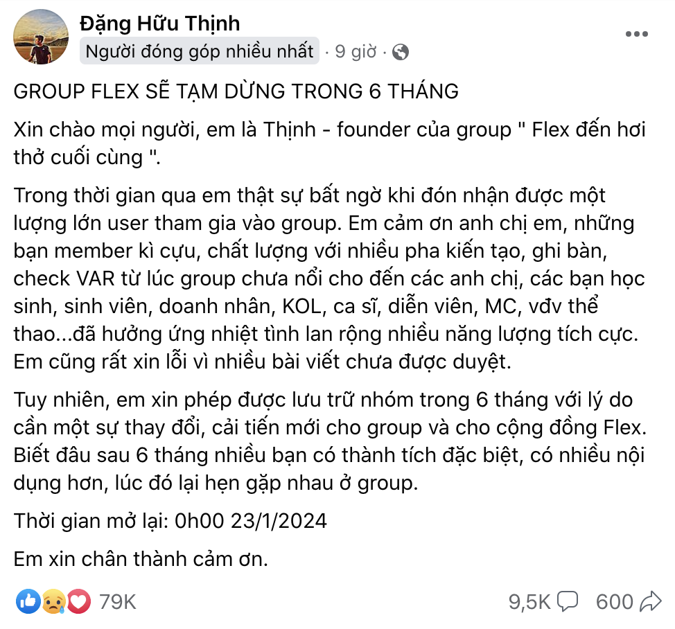 Đạt 1,4 triệu người tham gia, hội nhóm “Flex đến hơi thở cuối cùng” bất ngờ thông báo tạm dừng - Ảnh 2.