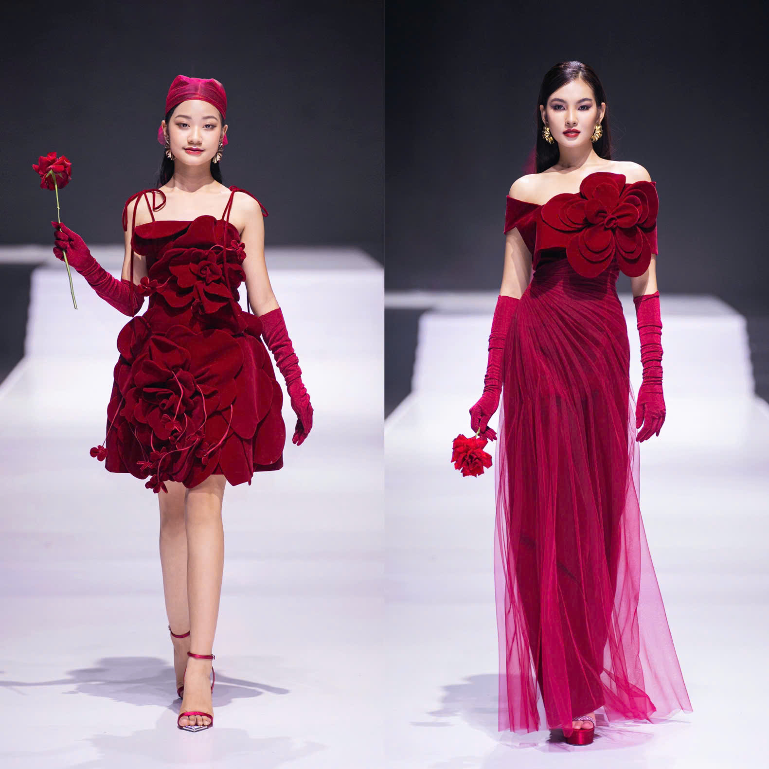 Ở phần đầu, Thảo Nguyễn mang đến các thiết kế màu đỏ từ chất liệu nhung, tựa như những đóa hồng nhung đại diện cho vẻ đẹp quyến rũ của người phụ nữ. Điểm nhấn của phần này là những chiếc váy xếp chồng nhiều lớp vải cắt tạo hình mềm mại như cánh hoa, đính kết 3D nhiều tầng lớp. Ở phần đầu, Thảo Nguyễn mang đến các thiết kế màu đỏ từ chất liệu nhung, tựa như những đóa hồng nhung đại diện cho vẻ đẹp quyến rũ của người phụ nữ. Điểm nhấn của phần này là những chiếc váy xếp chồng nhiều lớp vải cắt tạo hình mềm mại như cánh hoa, đính kết 3D nhiều tầng lớp.