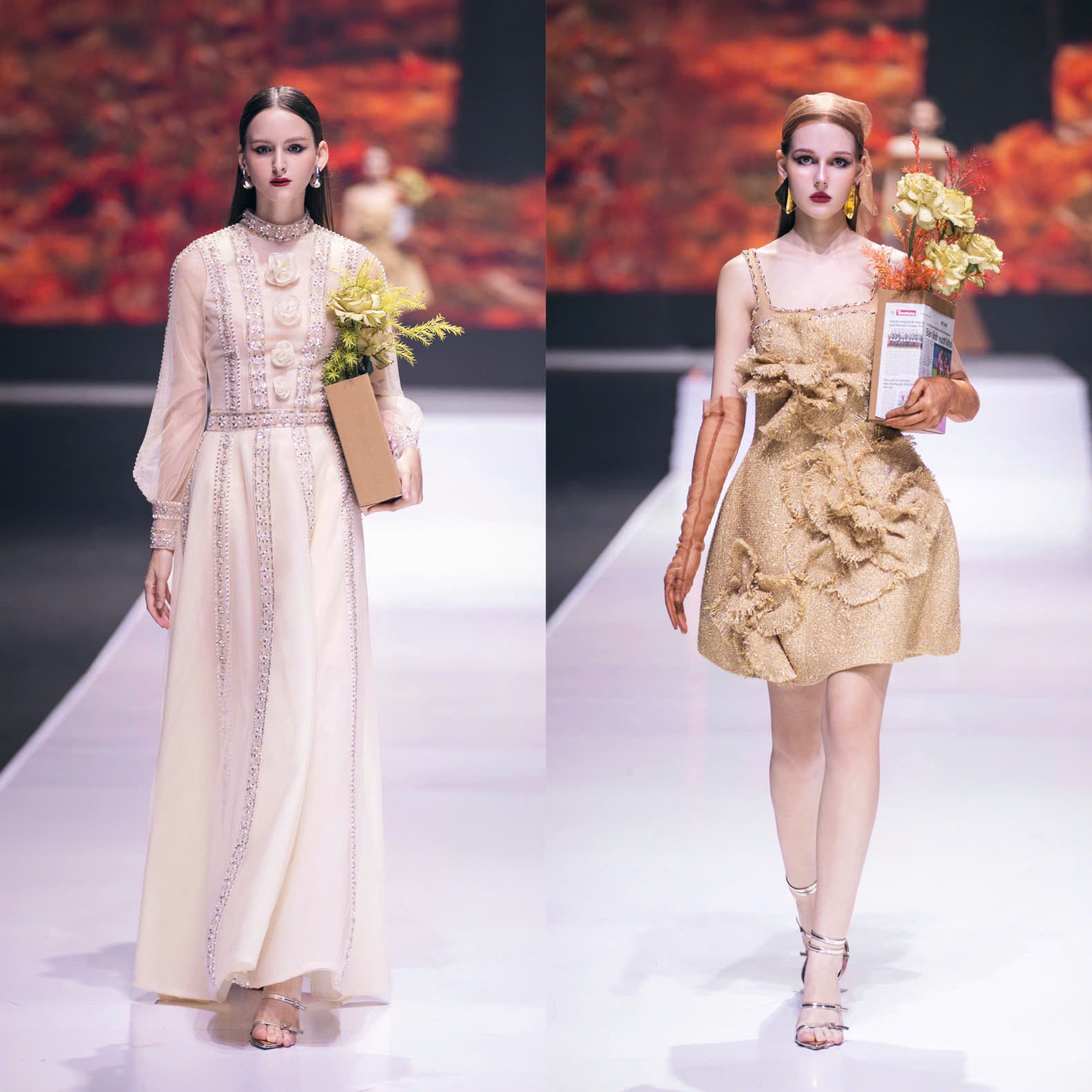 Phần hai là các thiết kế màu vàng gold với những chất liệu như dạ tweed, voan, organza... mô phỏng ánh nắng mùa thu. Phần hai là các thiết kế màu vàng gold với những chất liệu như dạ tweed, voan, organza... mô phỏng ánh nắng mùa thu.