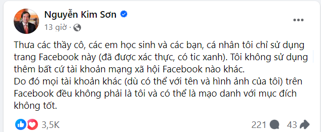 Bị lập Facebook giả mạo, Bộ trưởng Bộ GD&ĐT Nguyễn Kim Sơn lên tiếng - Ảnh 2.