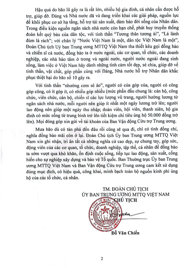 Lời kêu gọi của Đoàn Chủ tịch UBTƯ MTTQ Việt Nam về vận động ủng hộ đồng bào khắc phục thiệt hại do cơn bão số 10 gây ra- Ảnh 3.