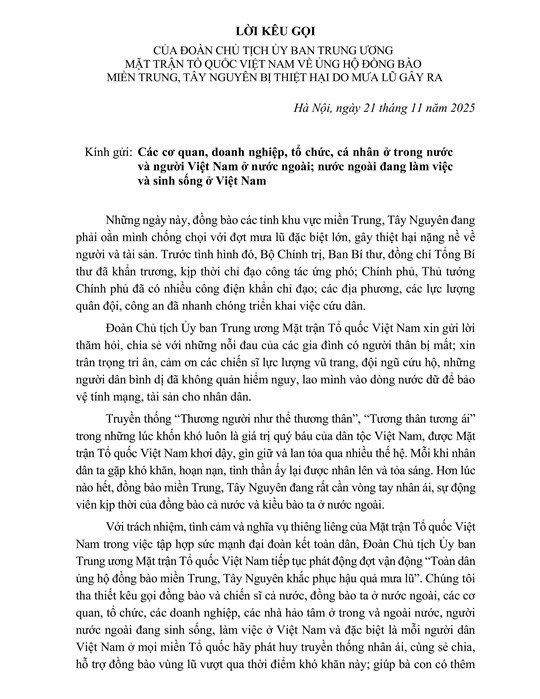 LỜI KÊU GỌI của Đoàn Chủ tịch Ủy ban Trung ương MTTQ Việt Nam về ủng hộ đồng bào miền Trung, Tây Nguyên bị thiệt hại do mưa lũ gây ra- Ảnh 1. LỜI KÊU GỌI của Đoàn Chủ tịch Ủy ban Trung ương MTTQ Việt Nam về ủng hộ đồng bào miền Trung, Tây Nguyên bị thiệt hại do mưa lũ gây ra- Ảnh 1.