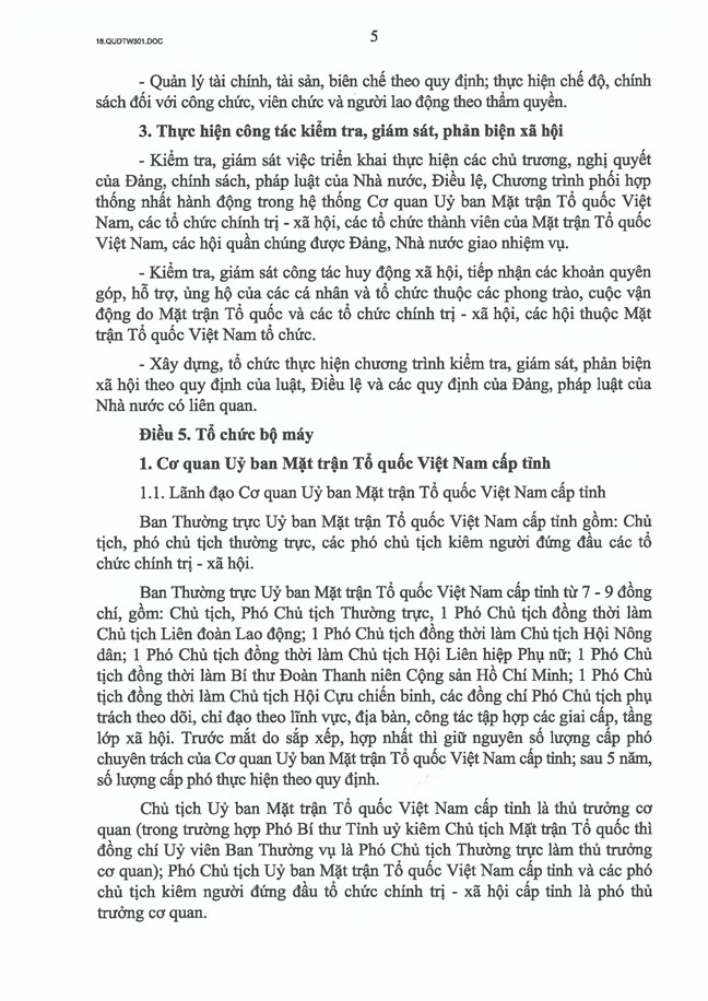 Quy định 301-QĐ/TW của Bộ Chính trị, Ban Bí thư về chức năng, nhiệm vụ, tổ chức bộ máy Cơ quan Ủy ban Mặt trận Tổ quốc Việt Nam cấp tỉnh, cấp xã- Ảnh 5. Quy định 301-QĐ/TW của Bộ Chính trị, Ban Bí thư về chức năng, nhiệm vụ, tổ chức bộ máy Cơ quan Ủy ban Mặt trận Tổ quốc Việt Nam cấp tỉnh, cấp xã- Ảnh 5.