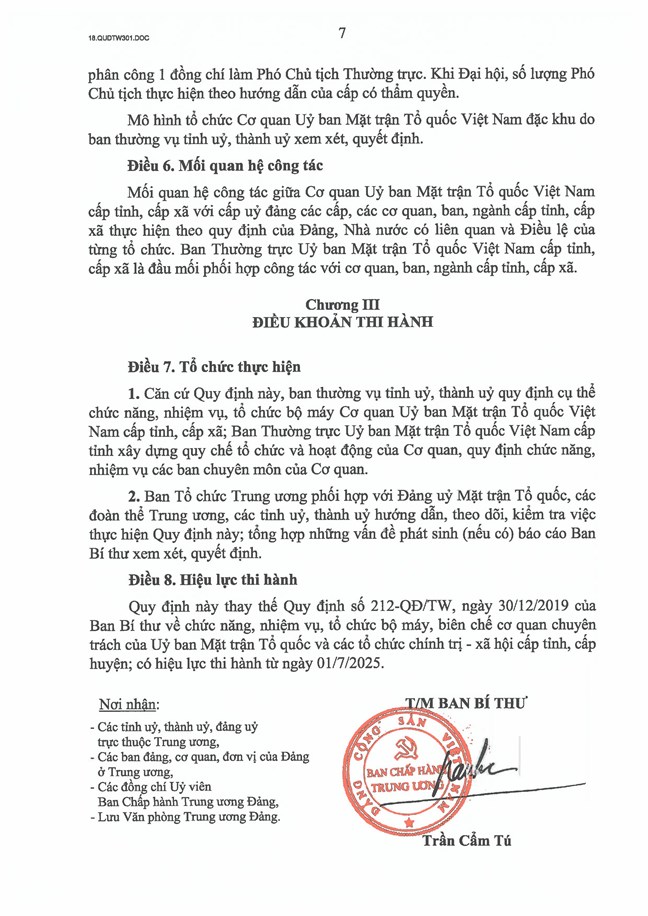 Quy định 301-QĐ/TW của Bộ Chính trị, Ban Bí thư về chức năng, nhiệm vụ, tổ chức bộ máy Cơ quan Ủy ban Mặt trận Tổ quốc Việt Nam cấp tỉnh, cấp xã- Ảnh 7. Quy định 301-QĐ/TW của Bộ Chính trị, Ban Bí thư về chức năng, nhiệm vụ, tổ chức bộ máy Cơ quan Ủy ban Mặt trận Tổ quốc Việt Nam cấp tỉnh, cấp xã- Ảnh 7.