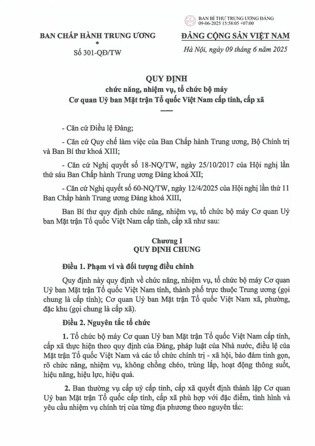 Quy định 301-QĐ/TW của Bộ Chính trị, Ban Bí thư về chức năng, nhiệm vụ, tổ chức bộ máy Cơ quan Ủy ban Mặt trận Tổ quốc Việt Nam cấp tỉnh, cấp xã- Ảnh 1. Quy định 301-QĐ/TW của Bộ Chính trị, Ban Bí thư về chức năng, nhiệm vụ, tổ chức bộ máy Cơ quan Ủy ban Mặt trận Tổ quốc Việt Nam cấp tỉnh, cấp xã- Ảnh 1.