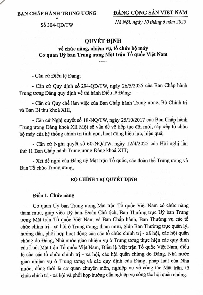 Quyết định của Bộ Chính trị, Ban Bí thư về chức năng, nhiệm vụ, tổ chức bộ máy Cơ quan Ủy ban Trung ương Mặt trận Tổ quốc Việt Nam- Ảnh 1. Quyết định của Bộ Chính trị, Ban Bí thư về chức năng, nhiệm vụ, tổ chức bộ máy Cơ quan Ủy ban Trung ương Mặt trận Tổ quốc Việt Nam- Ảnh 1.