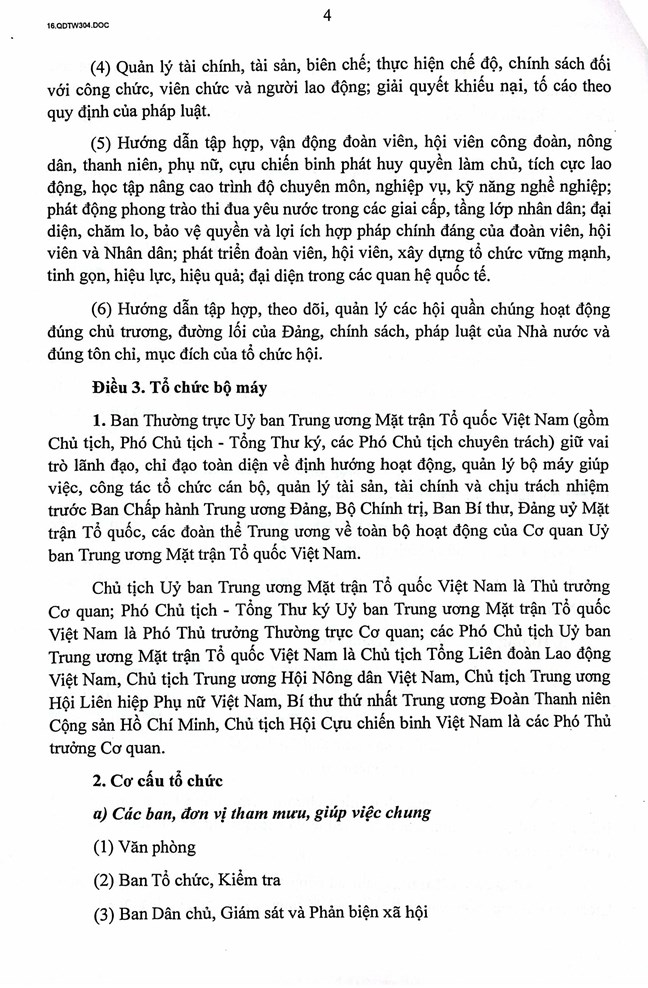 Quyết định của Bộ Chính trị, Ban Bí thư về chức năng, nhiệm vụ, tổ chức bộ máy Cơ quan Ủy ban Trung ương Mặt trận Tổ quốc Việt Nam- Ảnh 4. Quyết định của Bộ Chính trị, Ban Bí thư về chức năng, nhiệm vụ, tổ chức bộ máy Cơ quan Ủy ban Trung ương Mặt trận Tổ quốc Việt Nam- Ảnh 4.