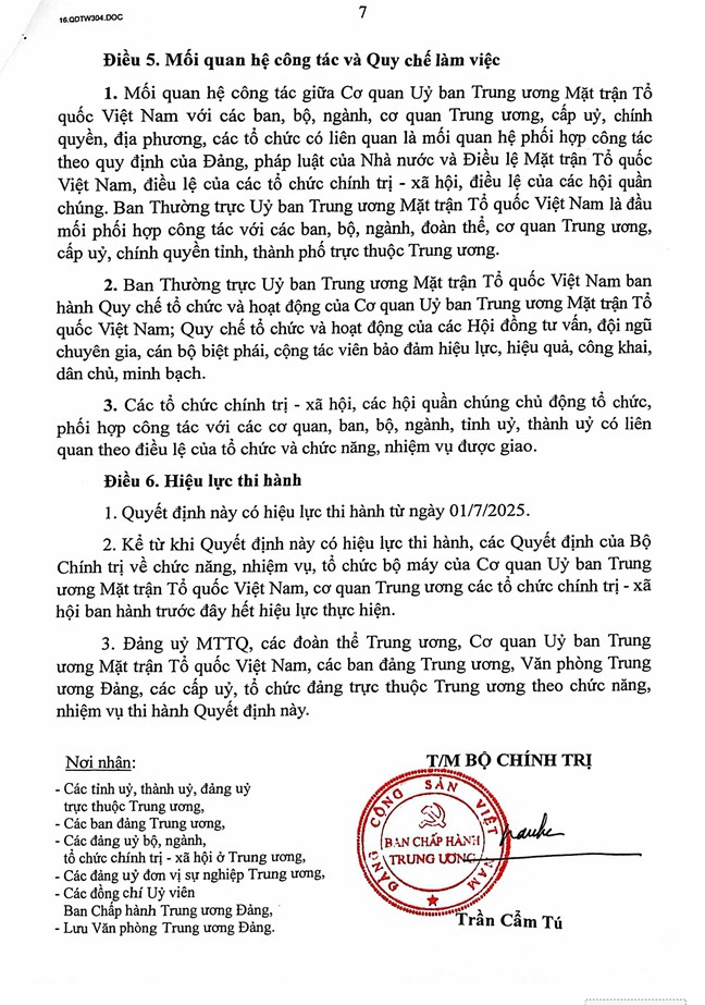 Quyết định của Bộ Chính trị, Ban Bí thư về chức năng, nhiệm vụ, tổ chức bộ máy Cơ quan Ủy ban Trung ương Mặt trận Tổ quốc Việt Nam- Ảnh 7. Quyết định của Bộ Chính trị, Ban Bí thư về chức năng, nhiệm vụ, tổ chức bộ máy Cơ quan Ủy ban Trung ương Mặt trận Tổ quốc Việt Nam- Ảnh 7.