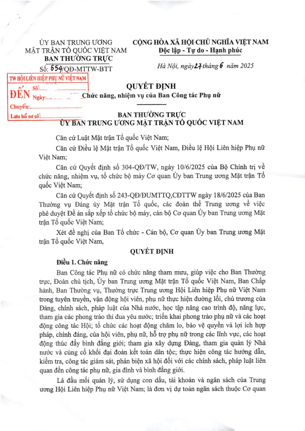 Toàn văn Quyết định của Ban Thường trực Ủy ban Trung ương MTTQ Việt Nam về chức năng, nhiệm vụ của Ban Công tác Phụ nữ- Ảnh 1. Toàn văn Quyết định của Ban Thường trực Ủy ban Trung ương MTTQ Việt Nam về chức năng, nhiệm vụ của Ban Công tác Phụ nữ- Ảnh 1.