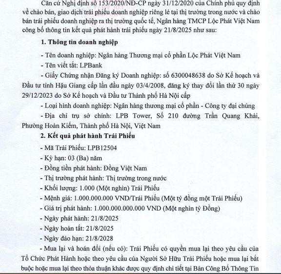 LPBank huy động thành công 1.000 tỷ đồng từ kênh trái phiếu. Nguồn: HNX LPBank huy động thành công 1.000 tỷ đồng từ kênh trái phiếu. Nguồn: HNX