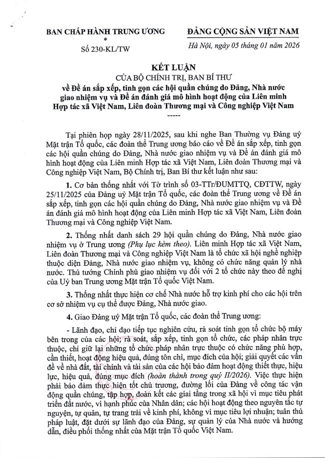Kết luận về Đề án sắp xếp, tinh gọn các hội quần chúng và Đề án đánh giá mô hình hoạt động của VCA, VCCI- Ảnh 1. Kết luận về Đề án sắp xếp, tinh gọn các hội quần chúng và Đề án đánh giá mô hình hoạt động của VCA, VCCI- Ảnh 1.