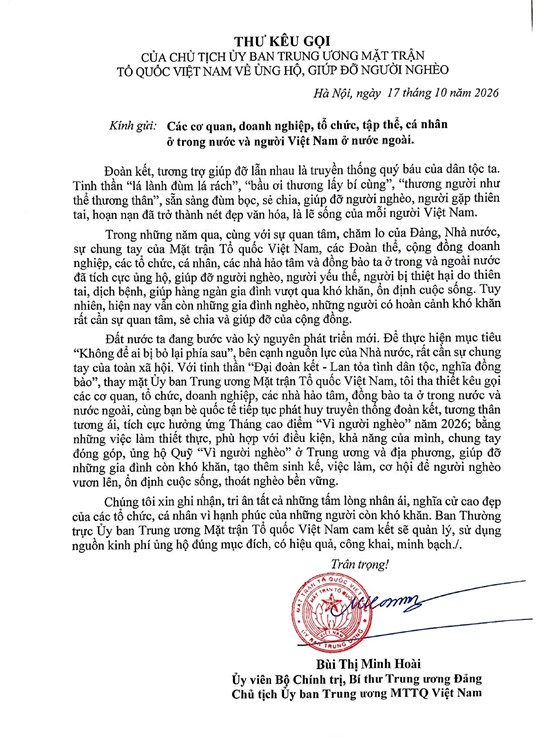 Chủ tịch UBTƯ MTTQ Việt Nam Bùi Thị Minh Hoài gửi Thư kêu gọi ủng hộ, giúp đỡ người nghèo- Ảnh 1.