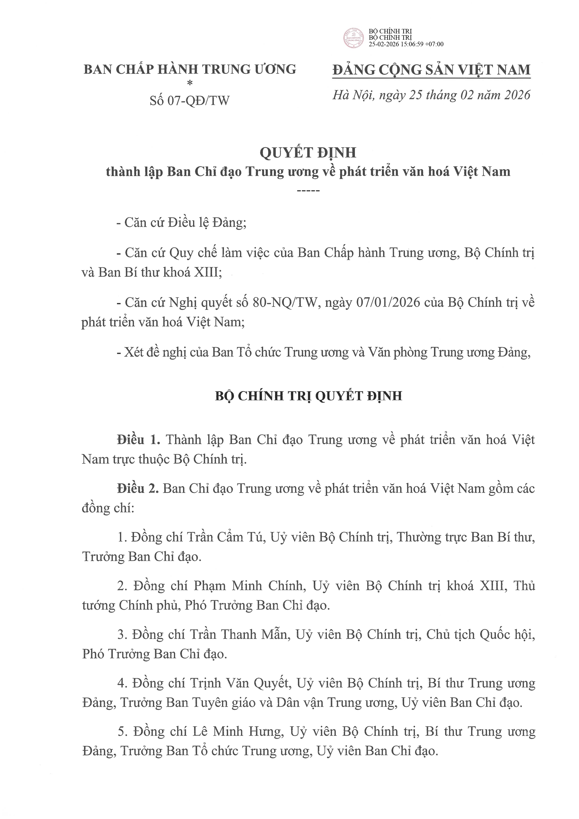 Quyết định số 07-QĐ/TW: Thành lập Ban Chỉ đạo Trung ương về phát triển văn hóa Việt Nam- Ảnh 1.