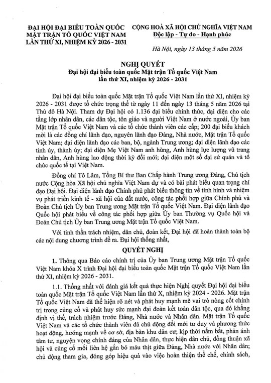 Toàn văn Nghị quyết Đại hội đại biểu toàn quốc Mặt trận Tổ quốc Việt Nam lần thứ XI, nhiệm kỳ 2026 - 2031- Ảnh 1.