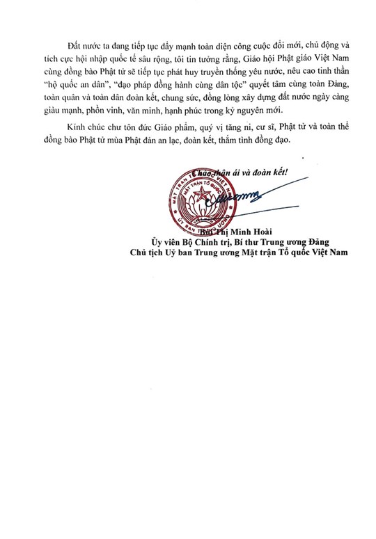 Chủ tịch UBTƯ MTTQ Việt Nam Bùi Thị Minh Hoài gửi thư chúc mừng Đại lễ Phật đản năm 2026 - Phật lịch 2570- Ảnh 2. Chủ tịch UBTƯ MTTQ Việt Nam Bùi Thị Minh Hoài gửi thư chúc mừng Đại lễ Phật đản năm 2026 - Phật lịch 2570- Ảnh 2.