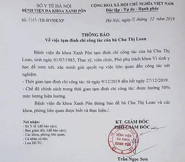 Thông báo về việc đình chỉ đối với Thạc sĩ, bác sĩ Chu Thị Loan, Phó Khoa Vi sinh y học