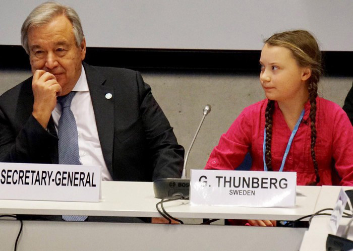 Greta Thunberg phát biểu cùng Tổng thư ký Liên hợp quốc Antonio Guterres tại nhiều diễn đàn chống biến đổi khí hậu