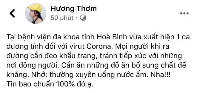 Thông tin tài khoản Facebook Nguyễn Thơm khẳng định BV đa khoa Hòa Bình đã tiếp nhận bệnh nhân nhiễm virus corona