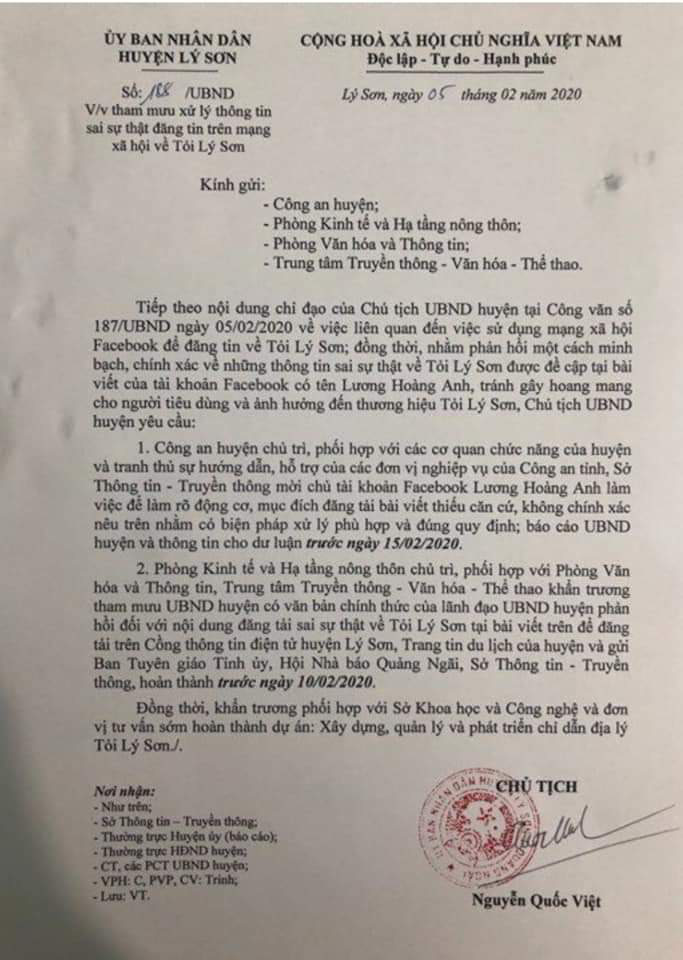 Công an huyện Lý Sơn vào cuộc vụ Fabooker Lương Hoàng Anh đăng thông tin sai sự thật  - Ảnh 1.