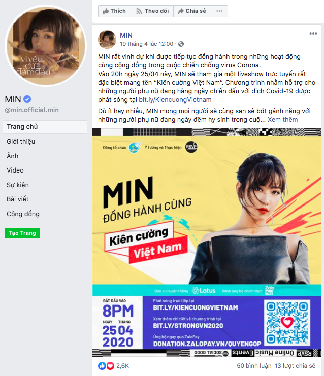 Ca sĩ Min chia sẻ trên trang fanpage chính thức. Là 2 ca sĩ thể hiện ca khúc “Ghen Cô Vy nổi tiếng toàn thế giới trong thời điểm này, cả Erik và Min sẽ xuất hiện trong liveshow