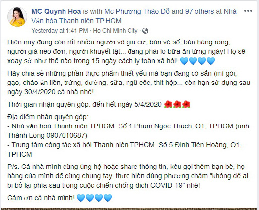 Thông điệp Mc Quỳnh Hoa đưa trên tài khoản cá nhân của mình