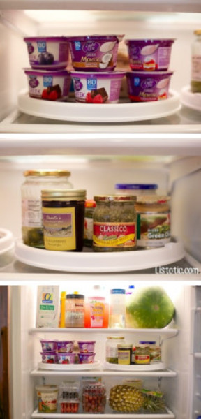 Đặt một khay tròn có bàn xoay trong tủ lạnh sẽ giúp bạn lấy thực phẩm ra để sử dụng một cách dễ dàng.