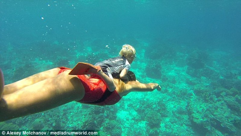 Bố mẹ của Fedor chính là những người huấn luyện cho bé trở thành thợ lặn, cậu bé thường bám trên lưng bố mẹ để cùng bơi xuống hồ.