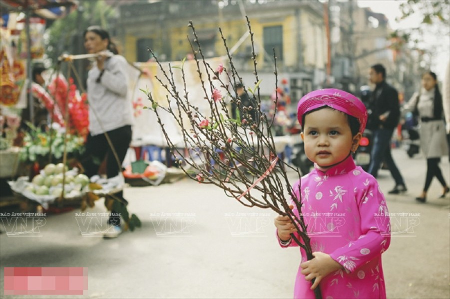 Một em bé đi chợ hoa Hàng Lược.
