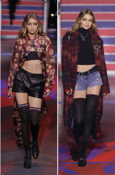 Xuất hiện trong show diễn của nhà thiết kế Tommy Hilfiger tại Tuần lễ thời trang London vào tối 19/8, Gigi Hadid hoá thân thành cô nàng bui bặm, cá tính.