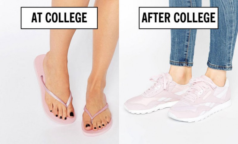 Dép tông và giày thể thao đều là phụ kiện rất thoải mái và thuận tiện khi mang. Tuy nhiên, sau khi tốt nghiệp, thay vì chọn một đôi tông hãy chọn một đôi giày thể thao.