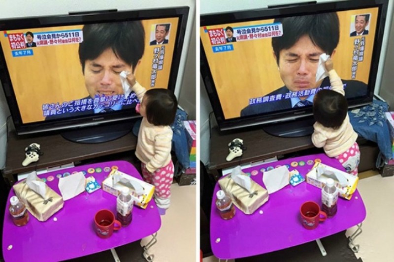 Cảm thương trước những giọt nước mắt của một chính trị gia khóc trên sóng truyền hình, một cô bé người Nhật Bản hồn nhiên lấy khăn lau nước mắt cho người đàn ông này. 