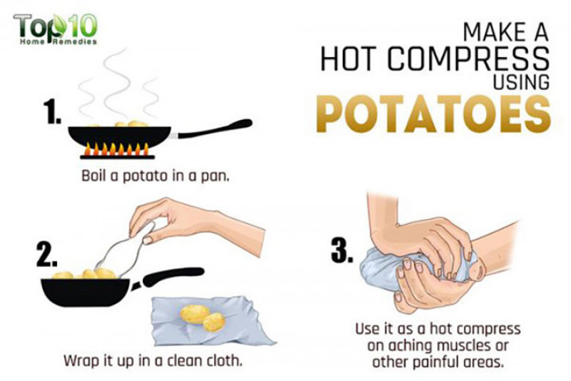 Làm túi chườm nóng hoặc lạnh: khoai tây có khả năng giữ nhiệt rất tốt nên chúng có thể làm túi chườm nóng hoặc lạnh. Nướng hoặc luộc khoai tây và quấn nó trong một miếng vải sạch. Sử dụng nó như là một túi chườm nóng ở những nơi đau nhức trên cơ thể. Hoặc có thể làm túi chườm lạnh bằng cách làm lạnh một củ khoai tây đã luộc chín trong ít nhất 1 giờ. Bọc khoai tây ướp lạnh trong một cái khăn sạch và sử dụng nó nếu cần.