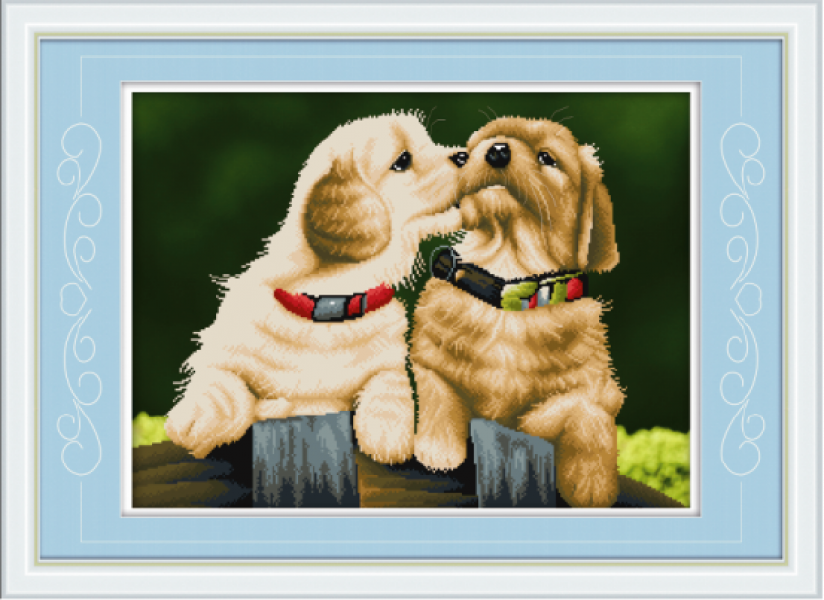 Bạn có thể trổ tài làm một bức tranh gắn từ các hạt đá, hình hai chú chó dễ thương với giá 215.000 đồng. 