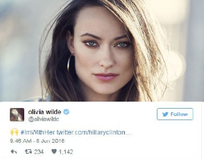 Nữ diễn viên Olivia Wilde đăng những dòng hashtag thể hiện sự ủng hộ với nữ ứng cử viên Tổng thống đầu tiên.