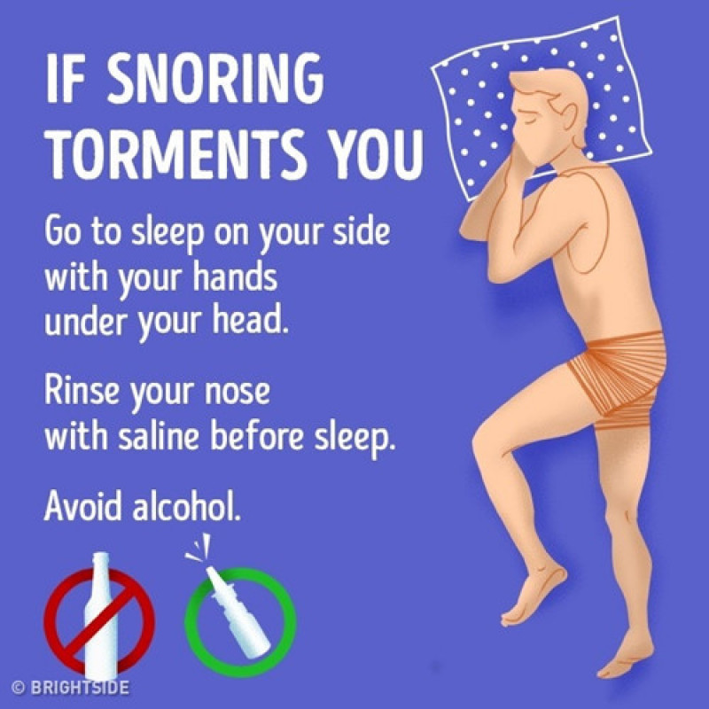Ngủ ngáy: Kê tay dưới đầu, rửa mũi trước khi ngủ, không sử dụng chất có cồn.