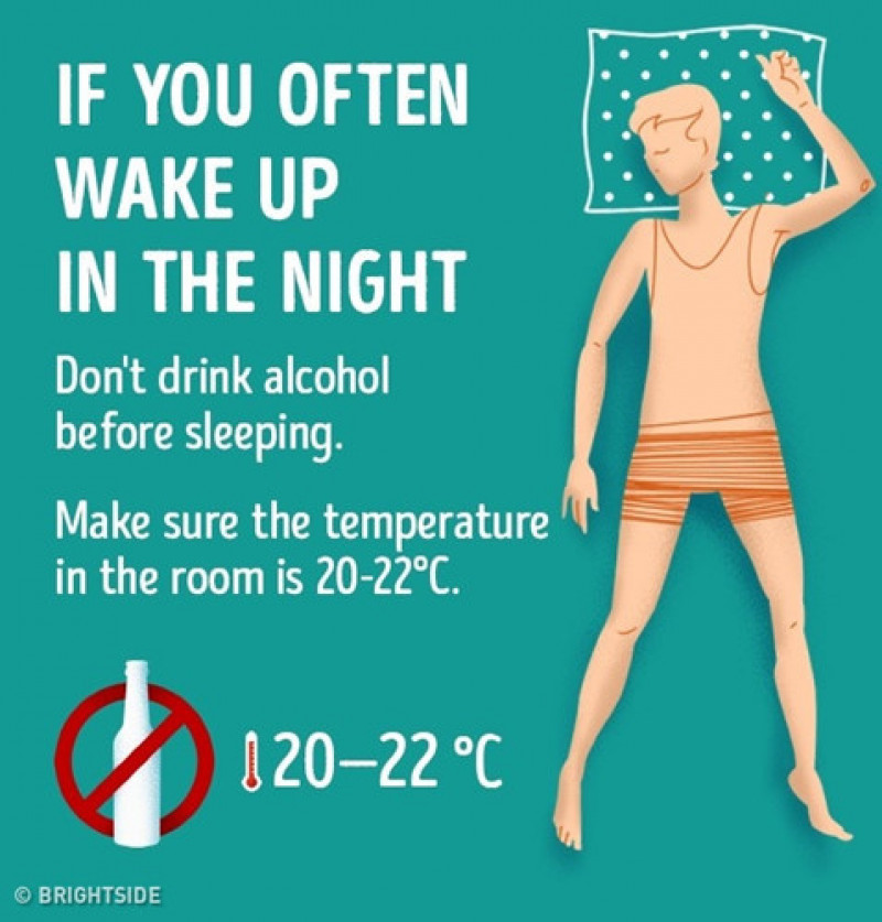 Hay thức giấc ban đêm: Không sử dụng đồ uống có cồn trước khi ngủ. Bảo đảm nhiệt độ phòng từ 20-22 độ C.