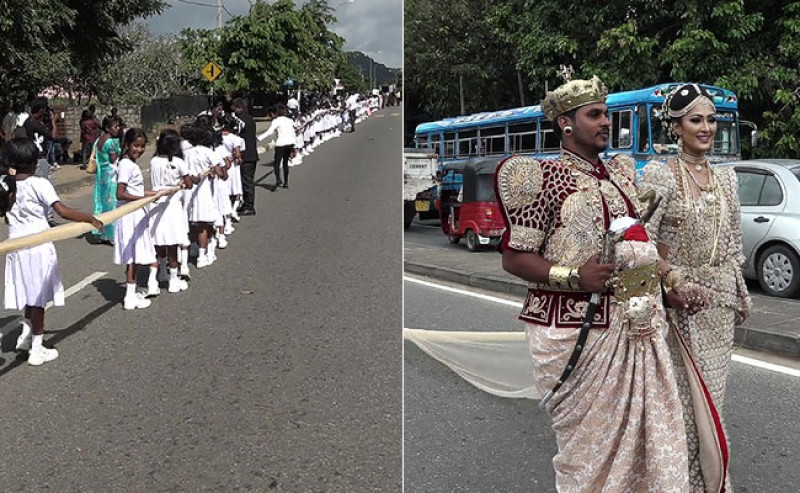 Trong một lễ cưới ở thành phố Kandy, miền Trung Sri Lanka, một cô dâu đã nhờ khoảng 250 em học sinh nâng tà váy cưới dài 3,6 km cho mình khi cô cùng chú rể sánh bước đi bộ dọc con đường trung tâm. Không những thế, cô dâu này còn thuê thêm 100 học sinh khác để cầm hoa trong ngày trọng đại của  mình.
