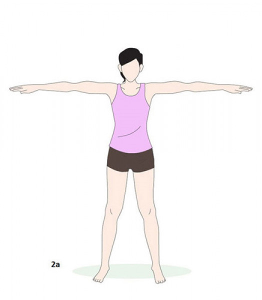 Bài tập cho vùng bụng trên: Tư thế 1: đứng thẳng, hai chân cách nhau khoảng cách bằng vai. Hai tay dang ngang.