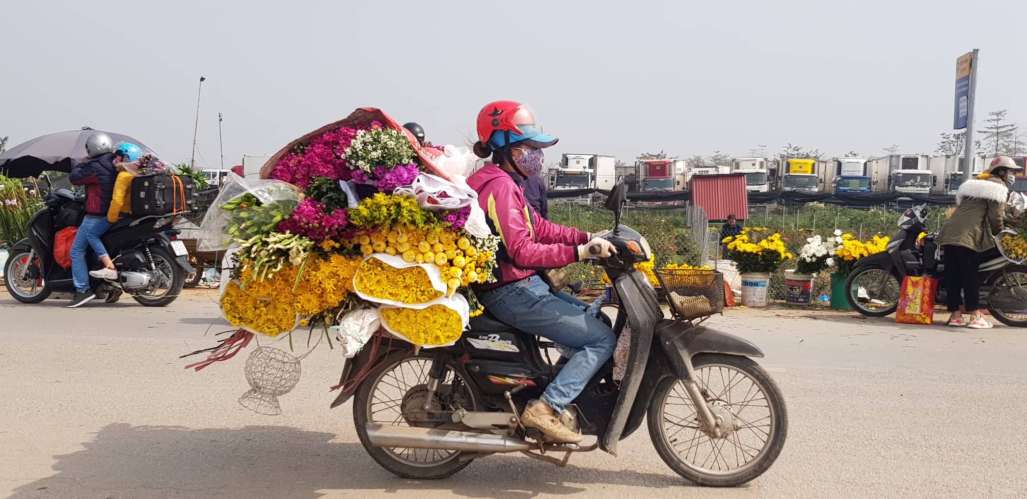 Hoa chở bằng xe máy 