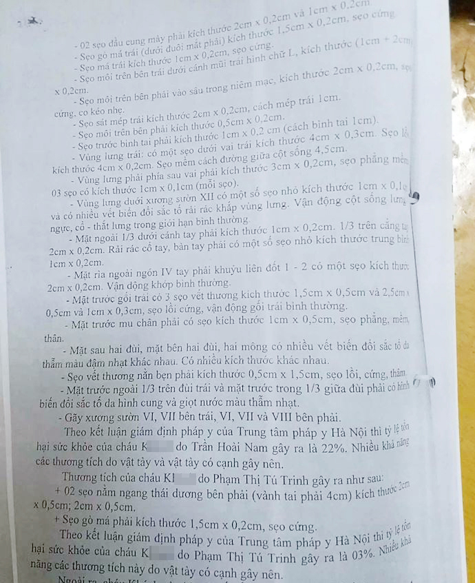 Một phần bản cáo trạng với những thương tích trên cơ thể cháu K. do bị bố đẻ và mẹ kế bạo hành